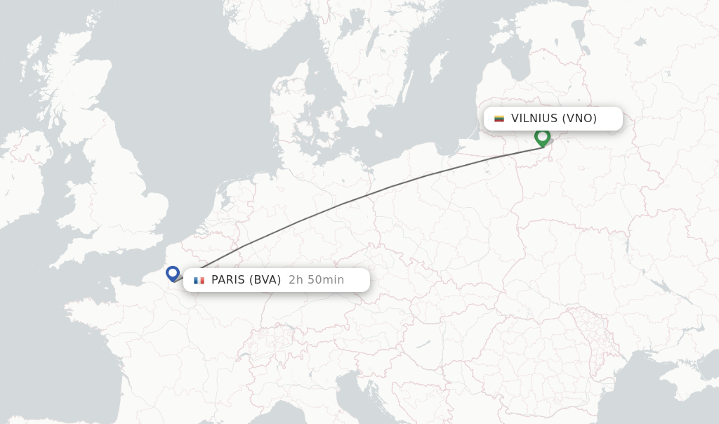 Flights from Vilnius to Paris route map