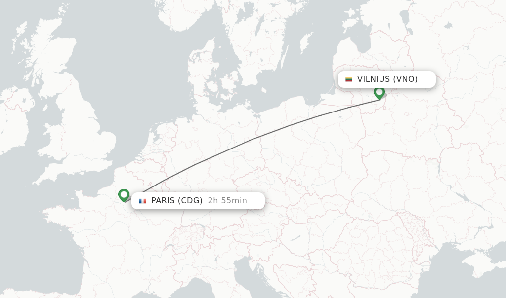 Flights from Vilnius to Paris route map