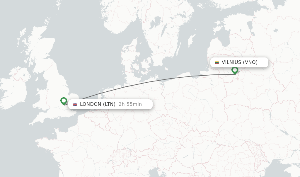 Flights from Vilnius to London route map