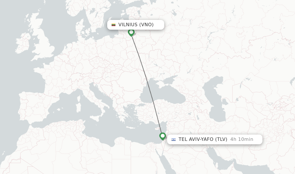 Flights from Vilnius to Tel Aviv-Yafo route map