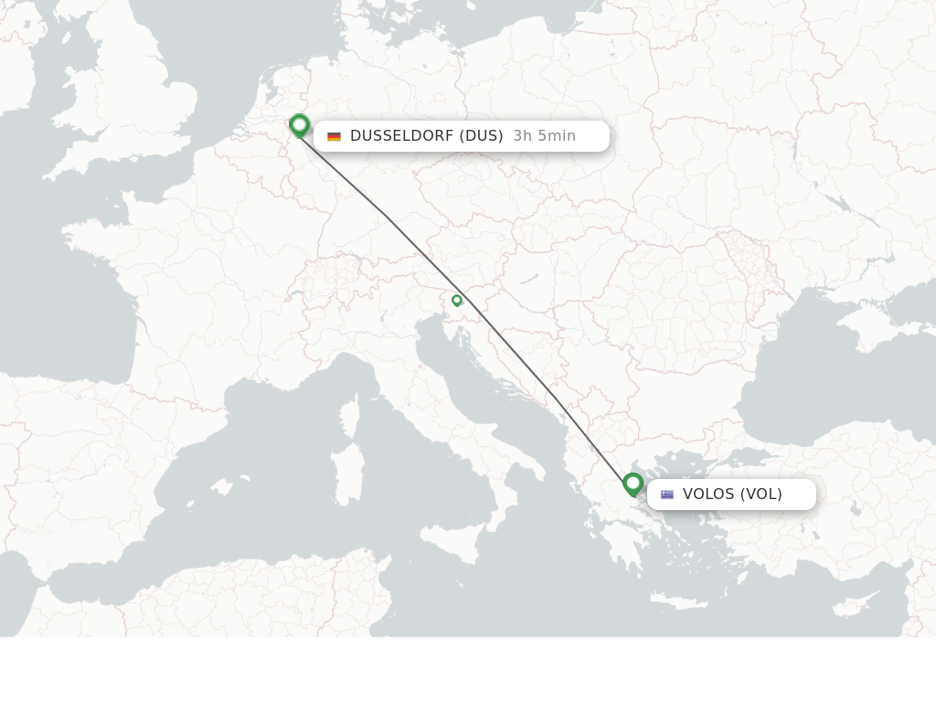Flights from Volos to Dusseldorf route map