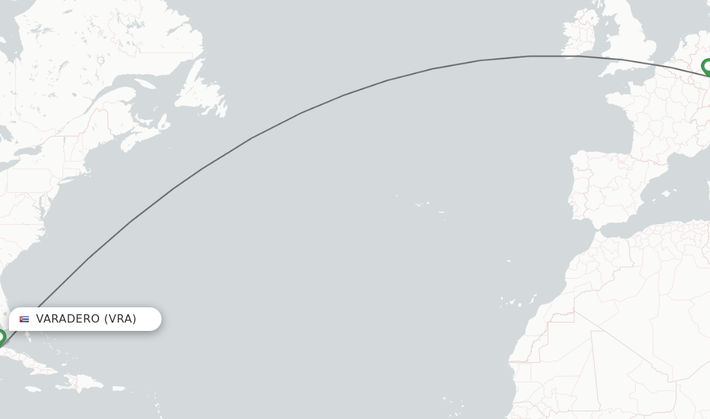 Flights from Varadero to Frankfurt route map