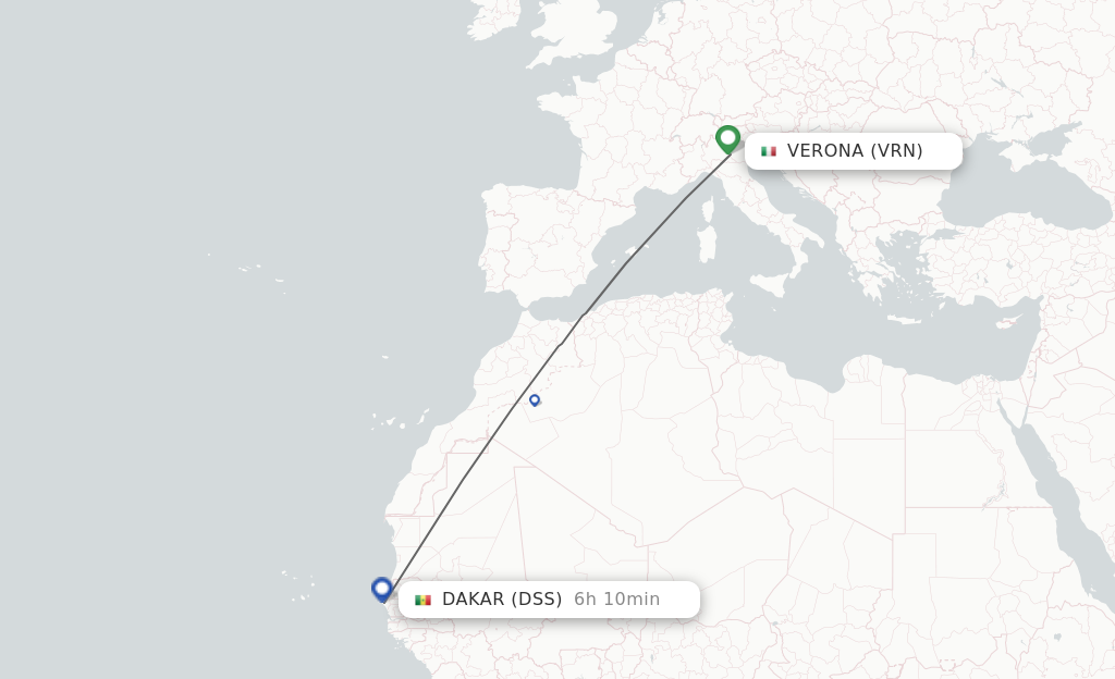 Flights from Dakar to Verona route map