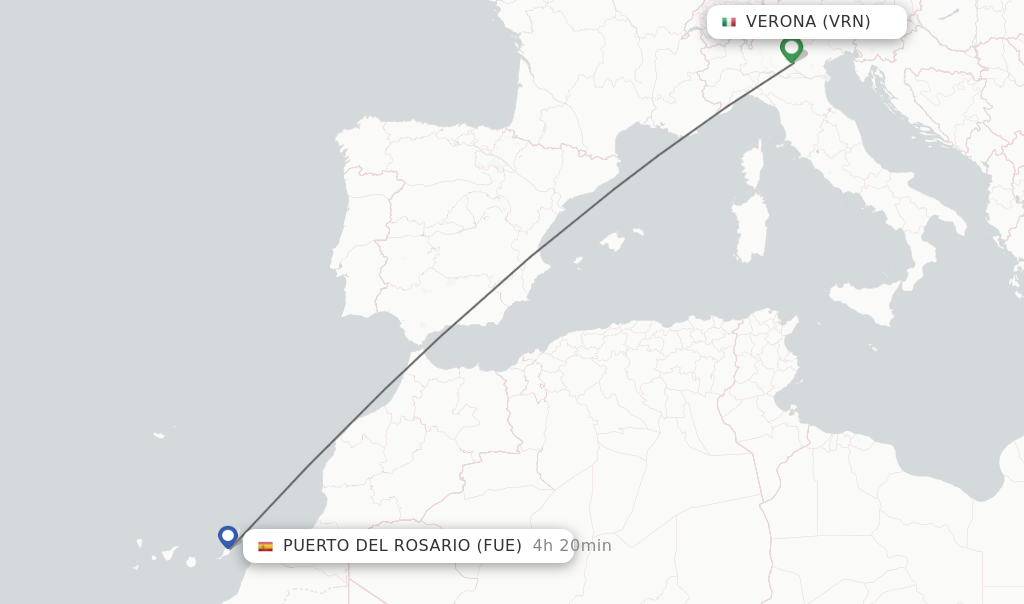 Flights from Verona to Puerto del Rosario route map