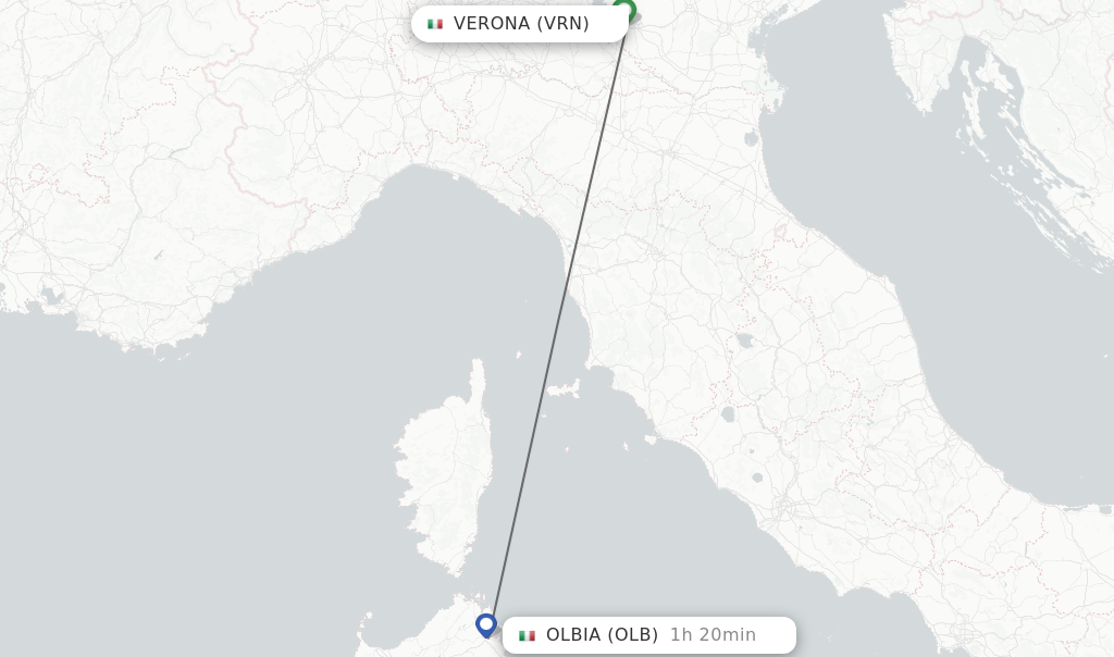 Flights from Verona to Olbia route map