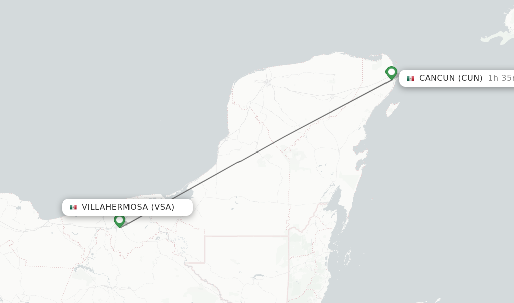 Flights from Villahermosa to Cancun route map