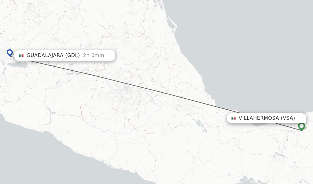 Flights from Villahermosa to Guadalajara route map