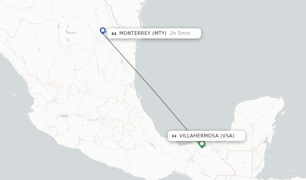 Flights from Villahermosa to Monterrey route map