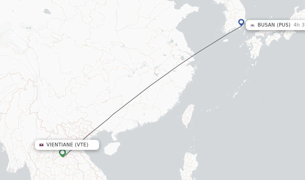 Flights from Vientiane to Busan route map