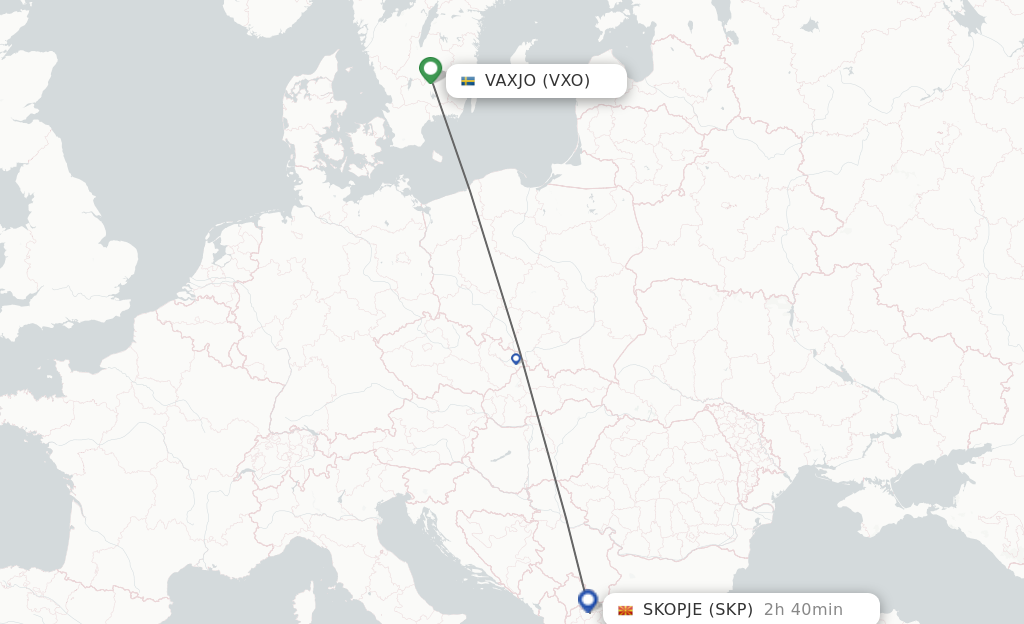 Flights from Vaxjo to Skopje route map