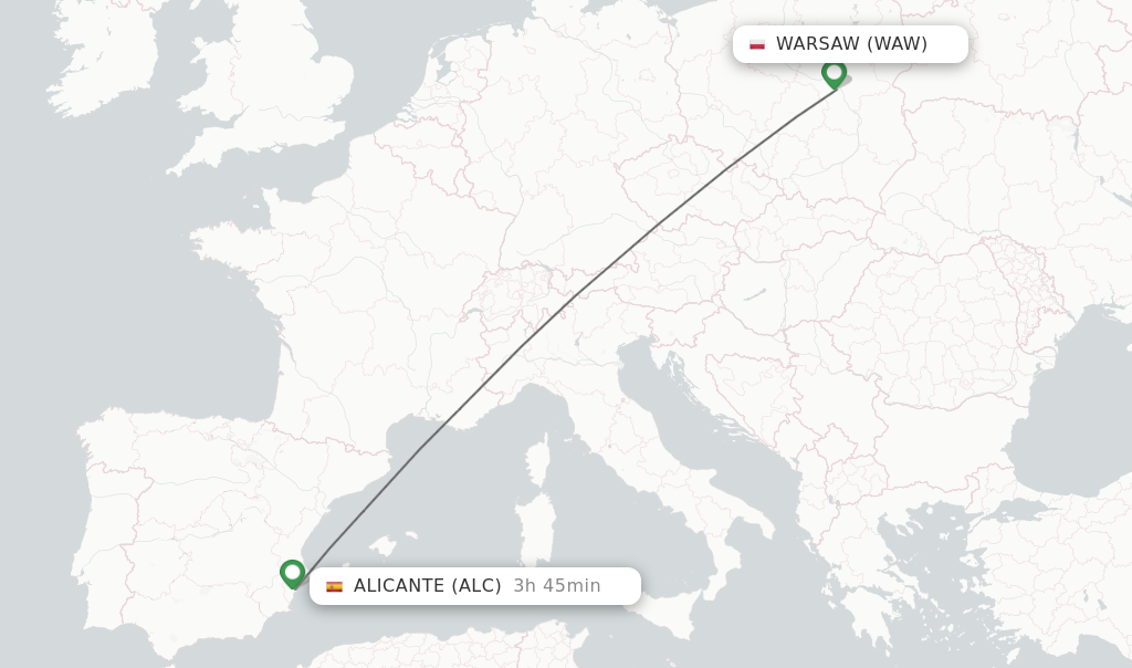 Flights from Warsaw to Alicante route map