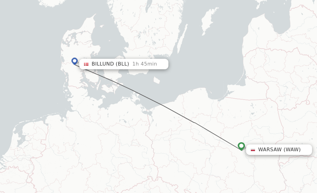 Flights from Warsaw to Billund route map