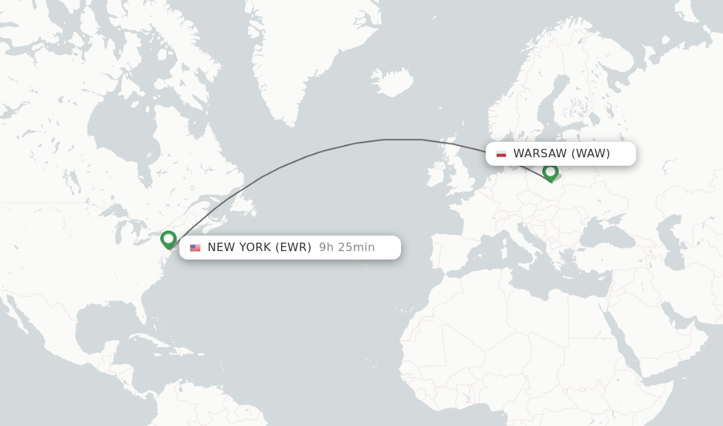Flights from Warsaw to New York route map