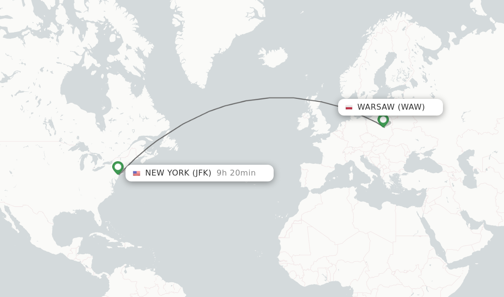 Flights from Warsaw to New York route map