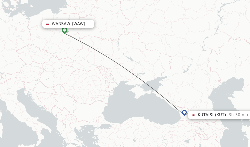 Flights from Warsaw to Kutaisi route map