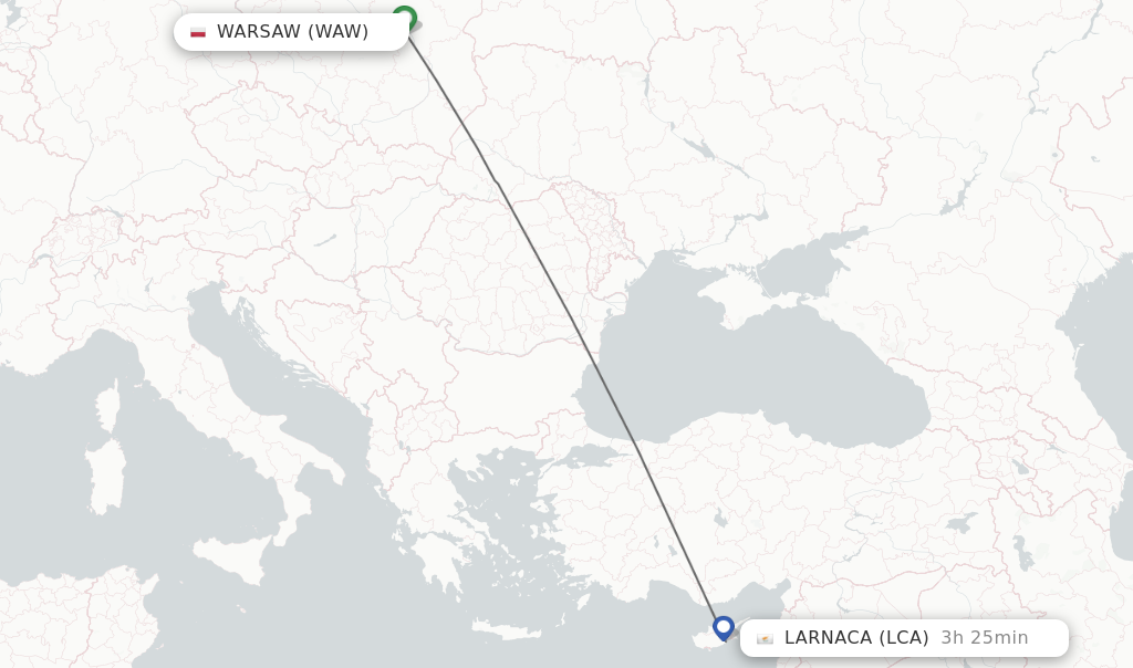 Flights from Warsaw to Larnaca route map
