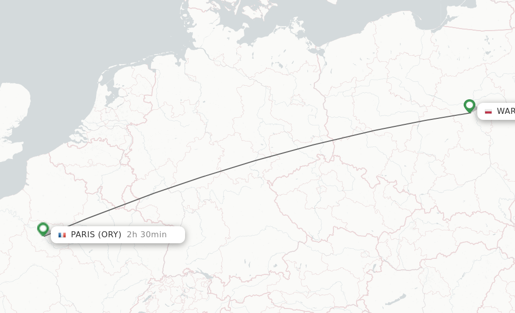 Flights from Warsaw to Paris route map