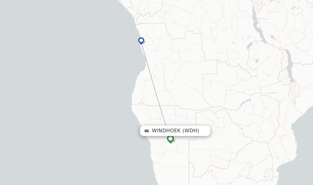 Route map with flights from Windhoek with TAAG
