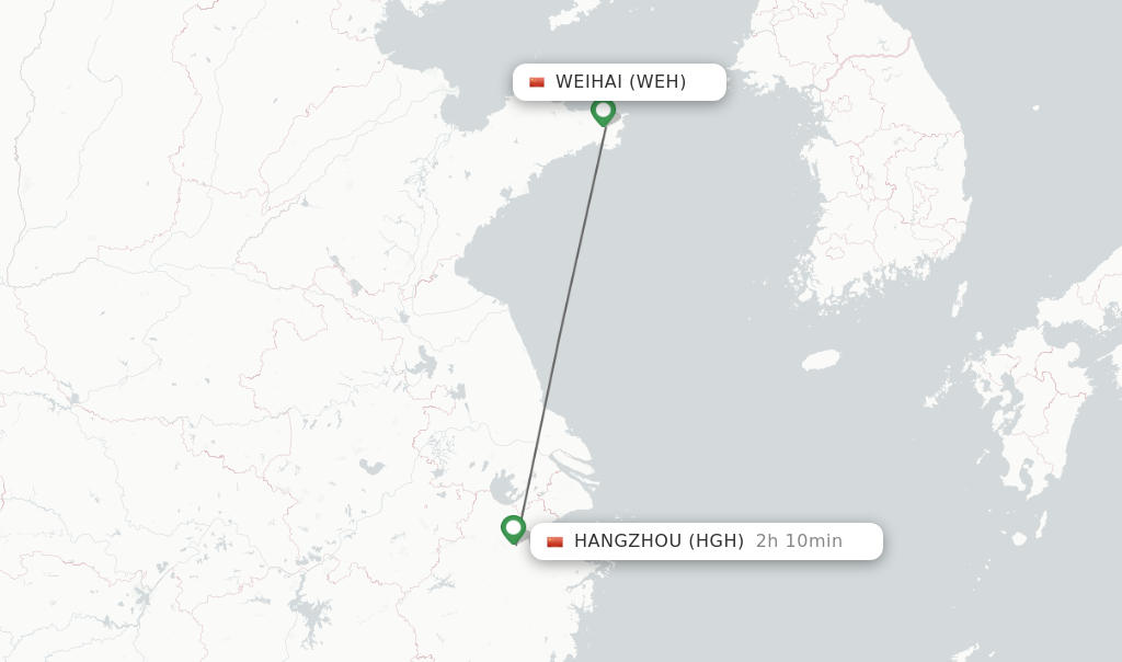 Flights from Weihai to Hangzhou route map
