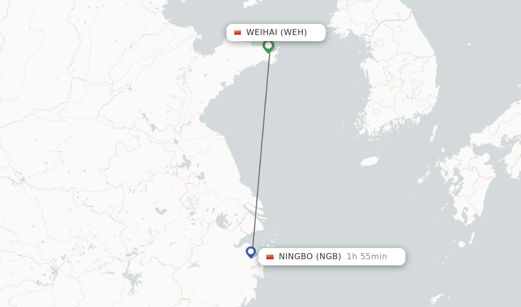Flights from Weihai to Ningbo route map