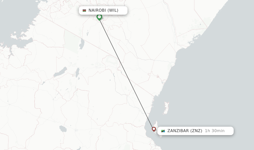 Flights from Zanzibar to Nairobi route map