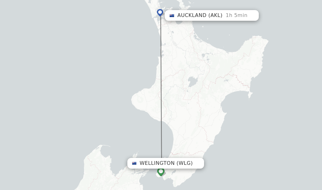Flights from Wellington to Auckland route map