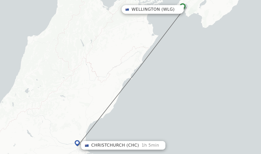 Flights from Wellington to Christchurch route map