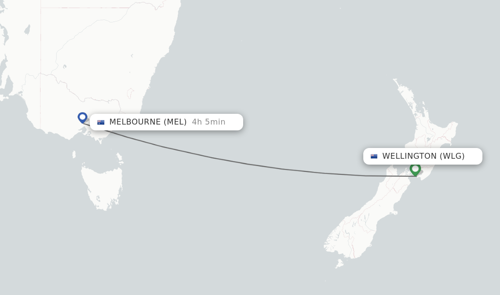 Flights from Wellington to Melbourne route map