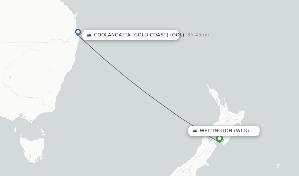 Flights from Wellington to Coolangatta (Gold Coast) route map