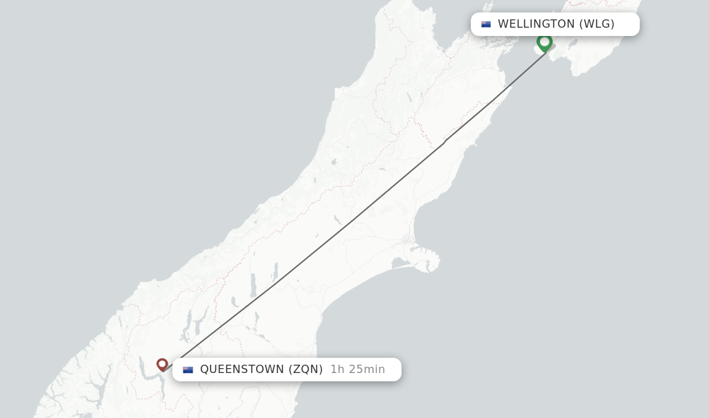 Flights from Wellington to Queenstown route map