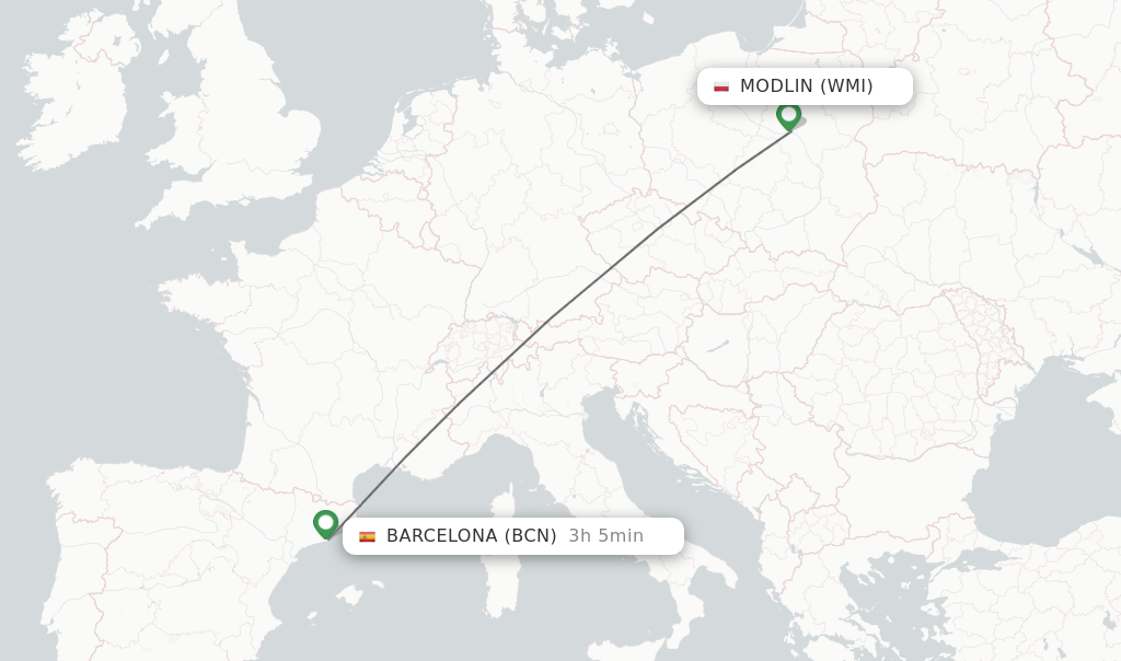 Flights from Modlin to Barcelona route map