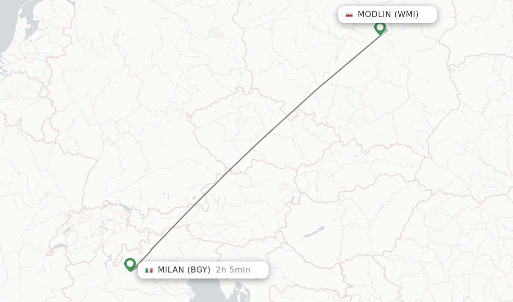 Flights from Modlin to Milan route map