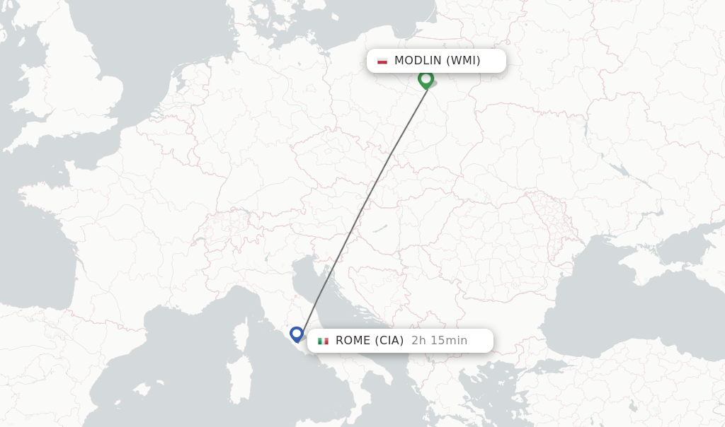 Flights from Modlin to Rome route map