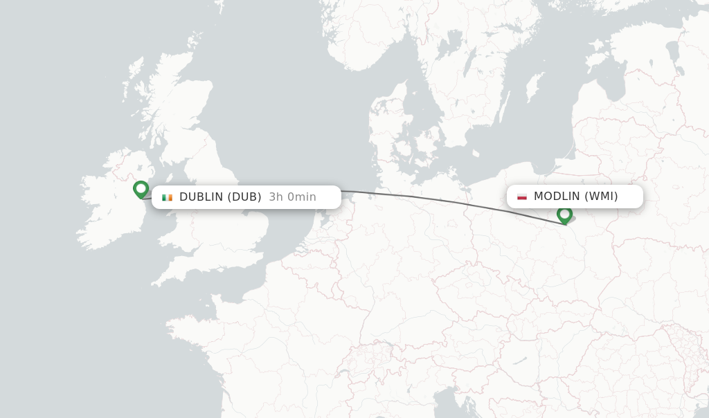 Flights from Modlin to Dublin route map