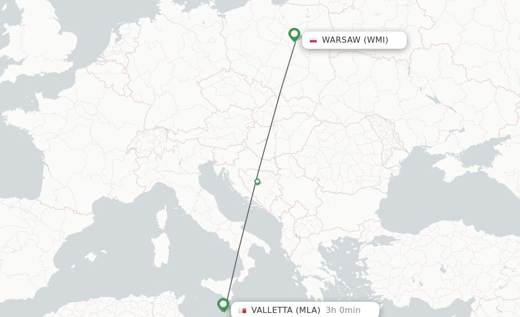 Flights from Modlin to Malta route map