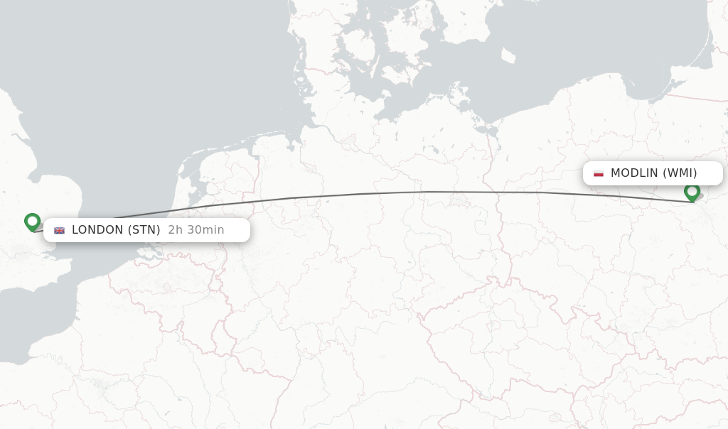 Flights from Modlin to London route map