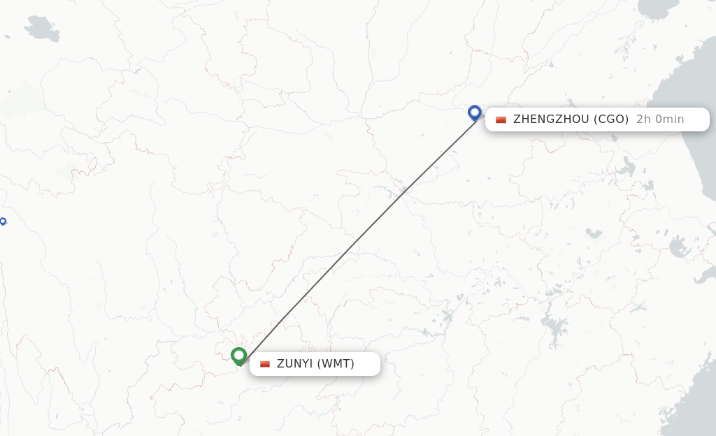 Flights from Zunyi to Zhengzhou route map