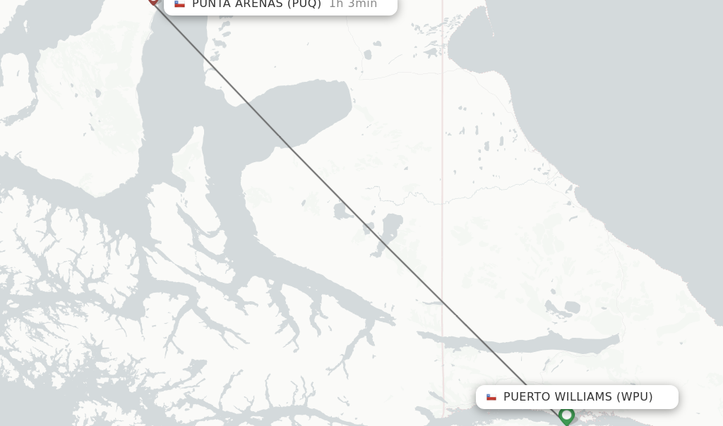 Flights from Puerto Williams to Punta Arenas route map