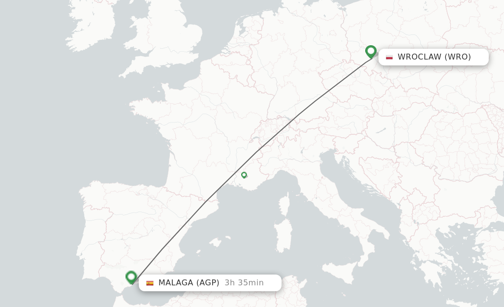 Flights from Wroclaw to Malaga route map