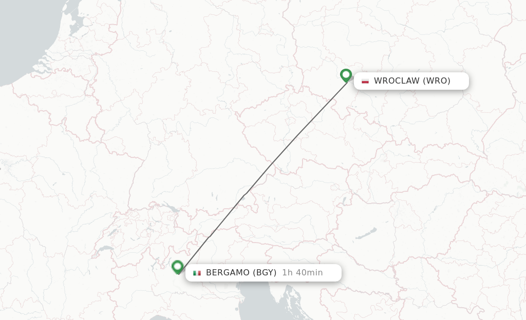 Flights from Wroclaw to Milan route map