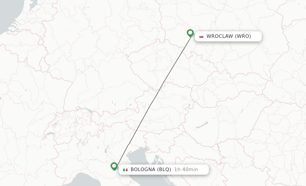 Flights from Wroclaw to Bologna route map