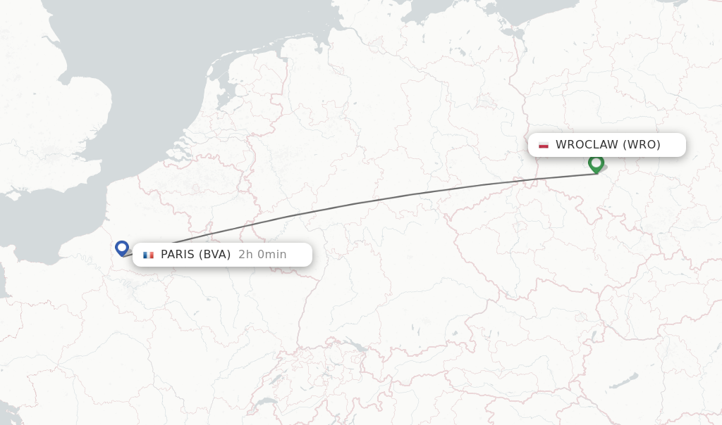 Flights from Wroclaw to Paris route map