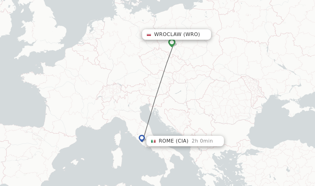 Flights from Wroclaw to Rome route map