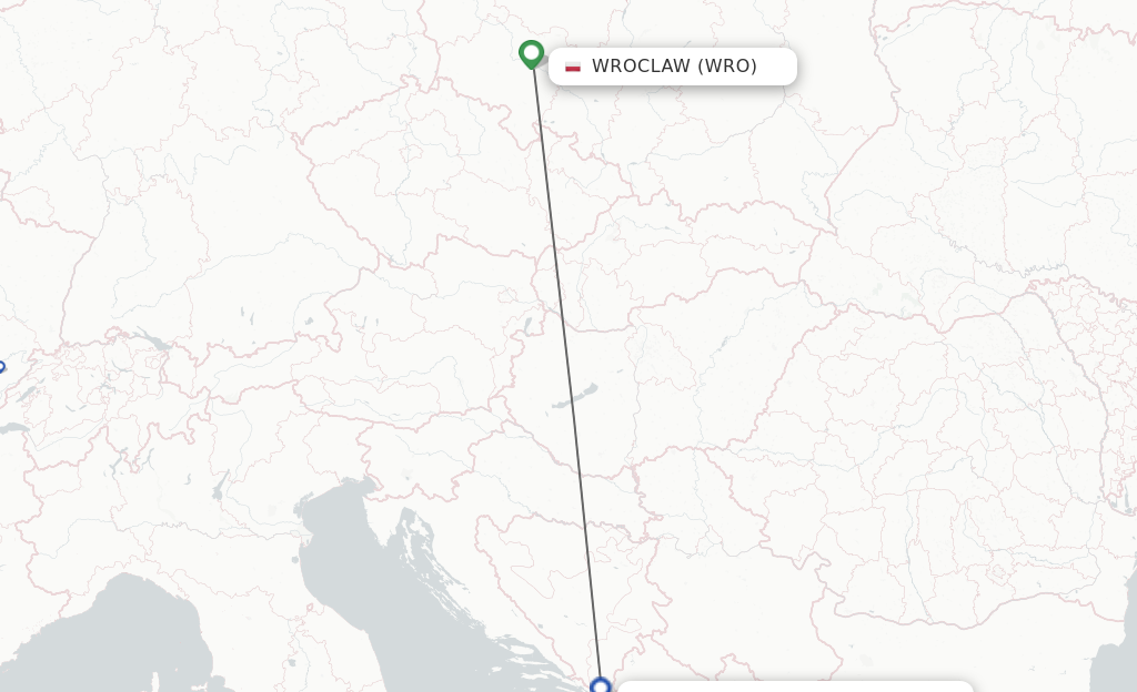 Flights from Wroclaw to Dubrovnik route map