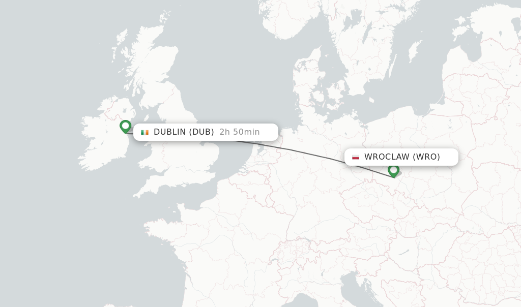 Flights from Wroclaw to Dublin route map