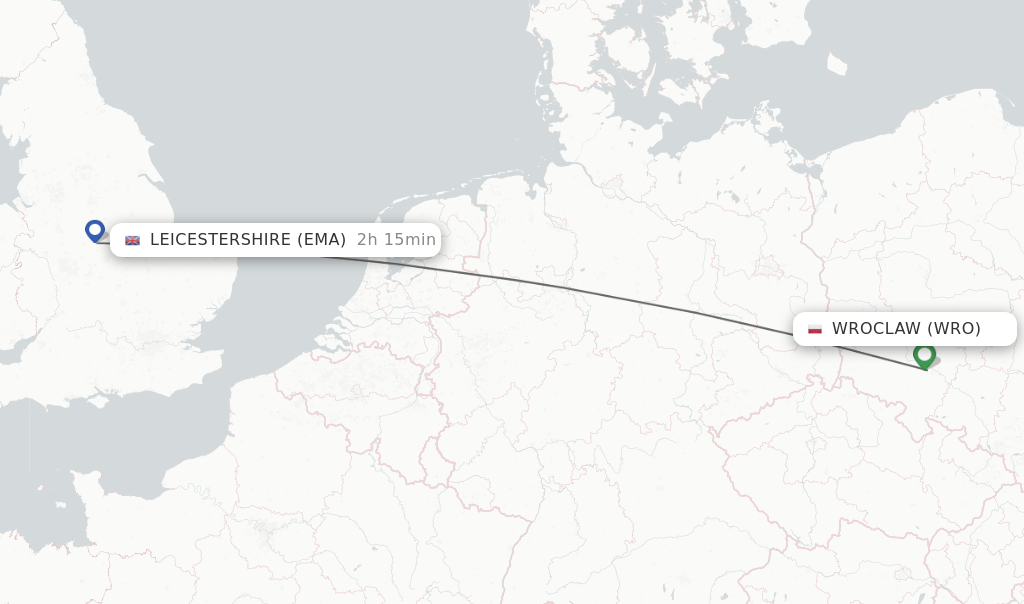 Flights from Wroclaw to Leicestershire route map