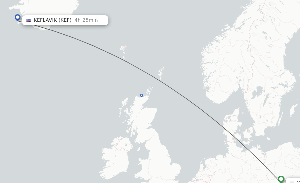 Flights from Wroclaw to Reykjavik route map