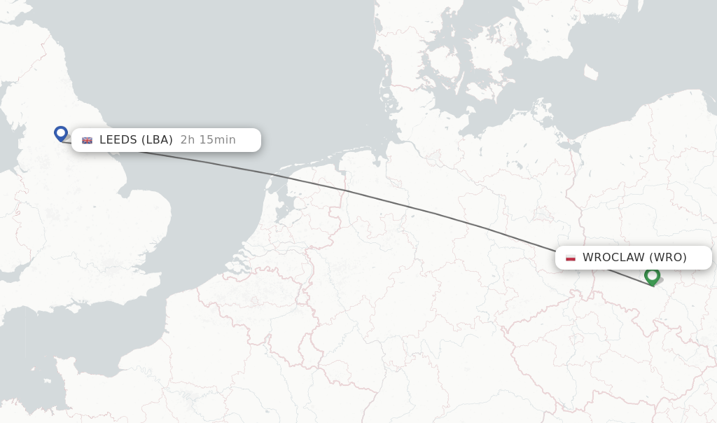 Flights from Wroclaw to Leeds route map