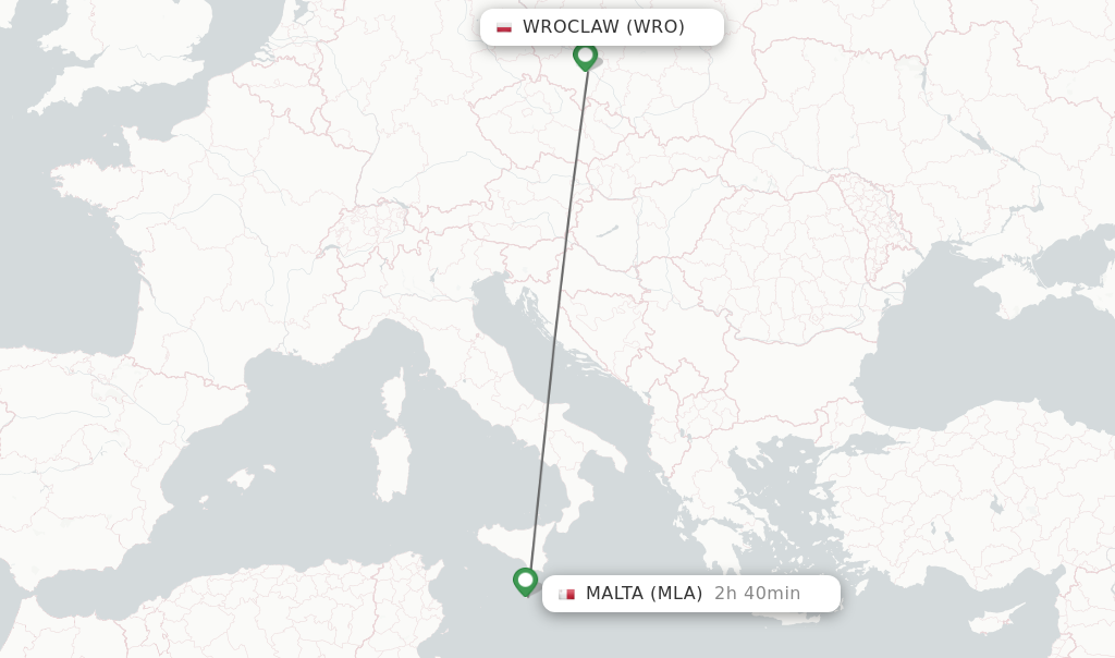 Flights from Wroclaw to Malta route map