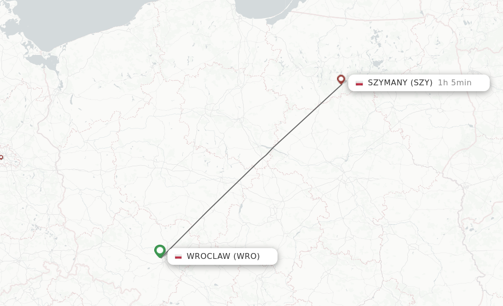 Flights from Wroclaw to Szymany route map